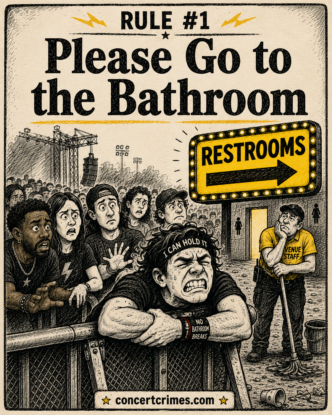 A concert fan chooses between a clear restroom sign and an unacceptable floor-level disaster near the barricade.