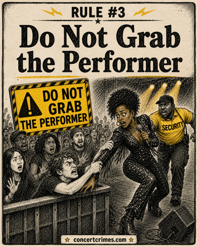 A fan at the barricade grabs for a performer while the performer pulls back and security notices.