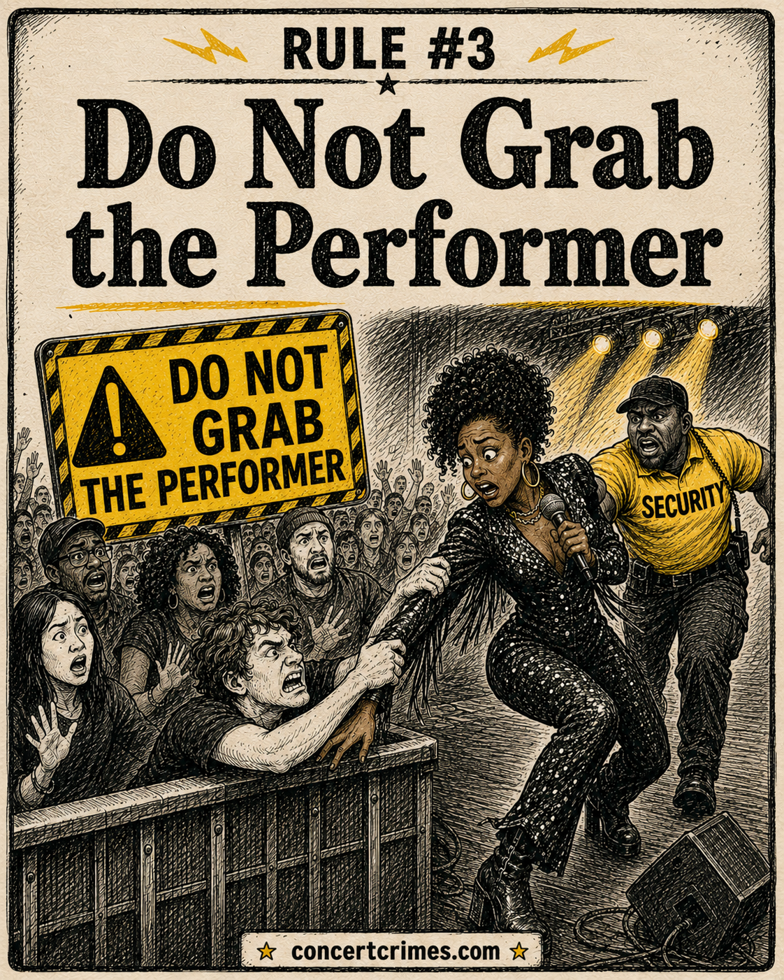 A fan at the barricade grabs for a performer while the performer pulls back and security notices.