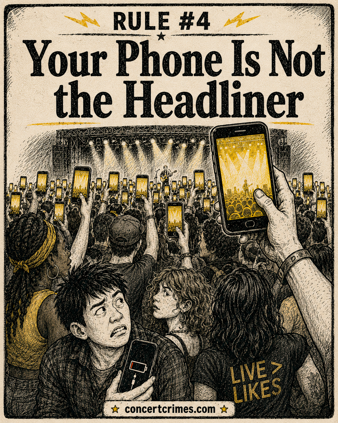 A forest of raised phones blocks the real performer while one low-battery screen dominates the view.