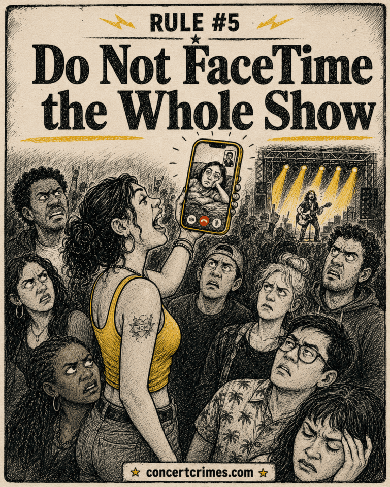 A concertgoer holds a long video call above the crowd while everyone behind them watches a couch instead of the stage.