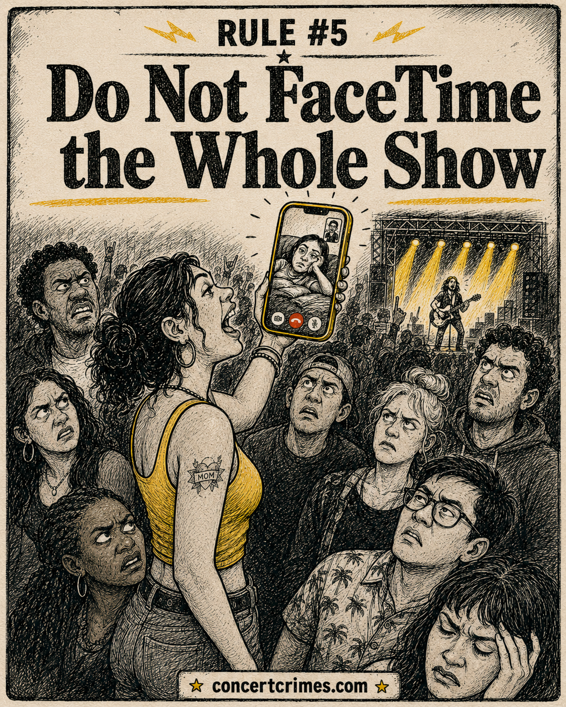 A concertgoer holds a long video call above the crowd while everyone behind them watches a couch instead of the stage.