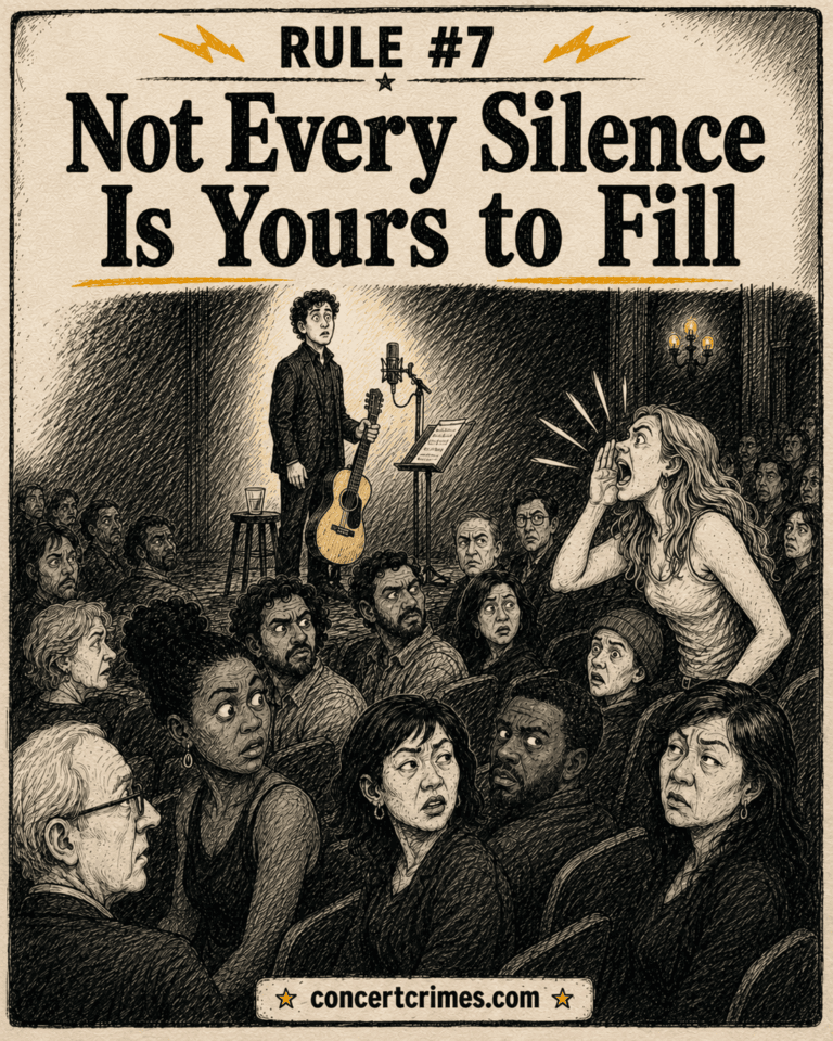 A delicate quiet stage moment is interrupted by one oversized audience outburst while everyone else turns in disbelief.