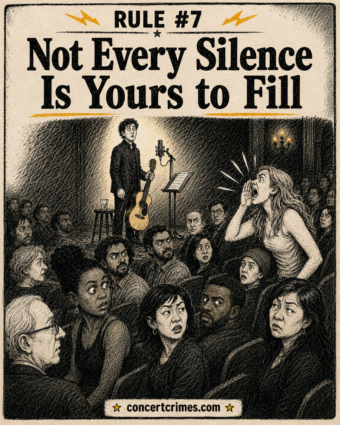 A delicate quiet stage moment is interrupted by one oversized audience outburst while everyone else turns in disbelief.