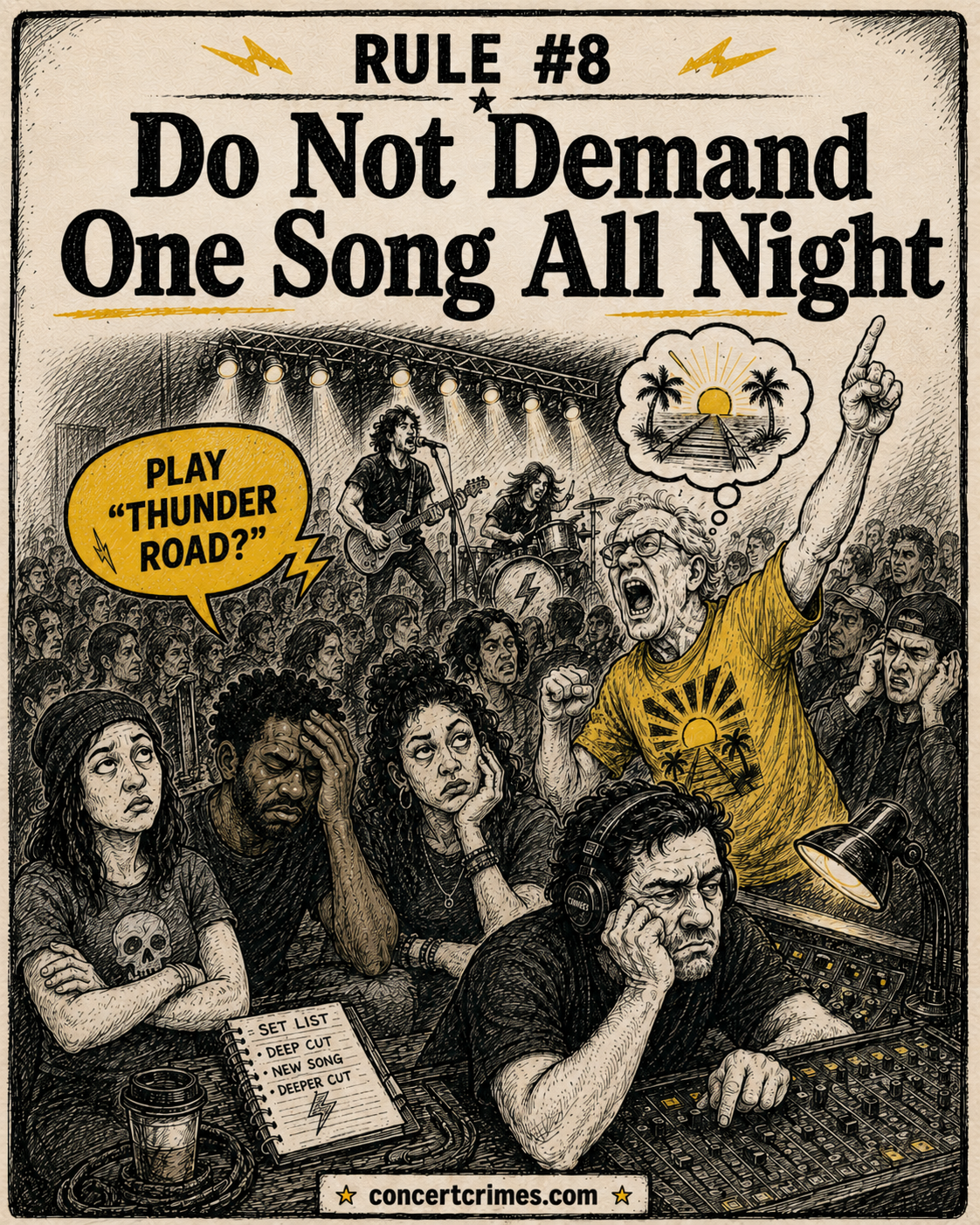 A fan repeatedly shouts one song title while the setlist sits taped to the stage and the band ignores the negotiation.