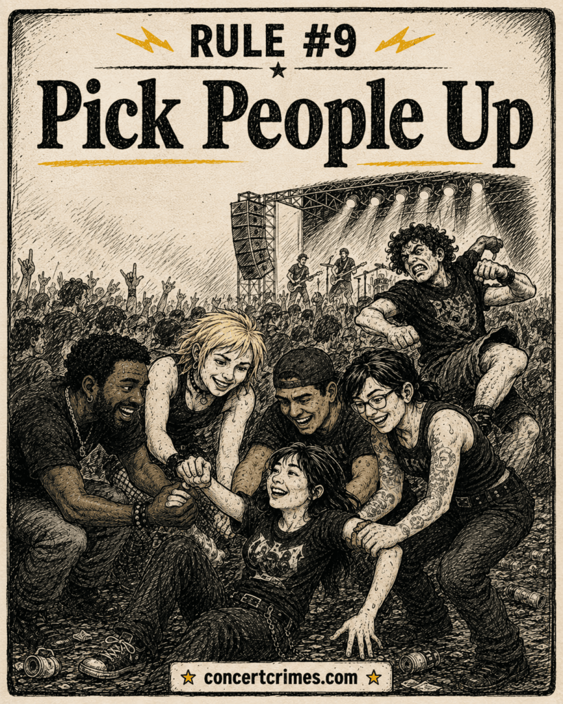 A mosh pit immediately makes space and helps a fallen fan back up while one reckless person looks confused.