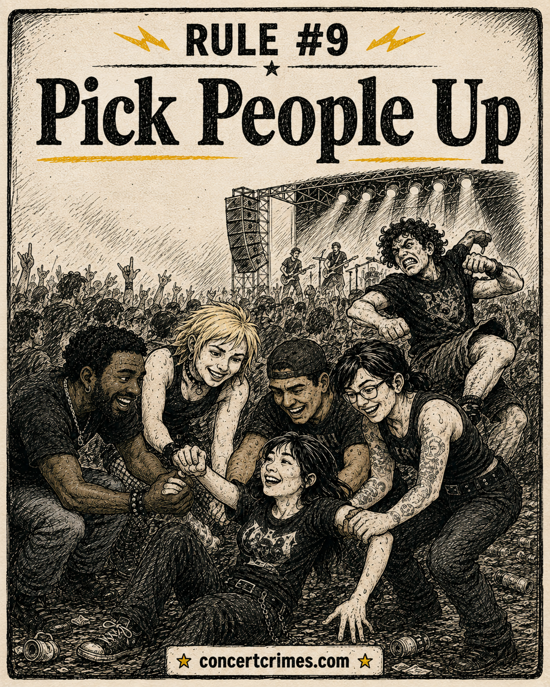 A mosh pit immediately makes space and helps a fallen fan back up while one reckless person looks confused.