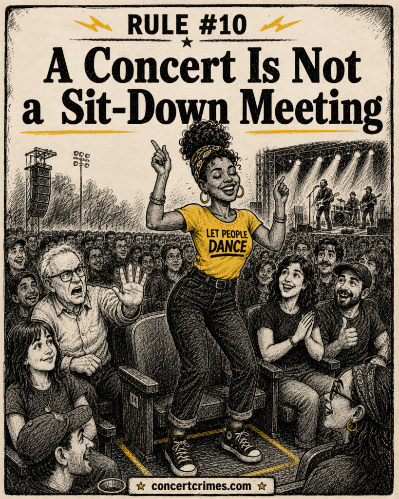 A joyful concertgoer stands and dances within their seat space while a nearby seated fan mistakes the concert for a meeting.