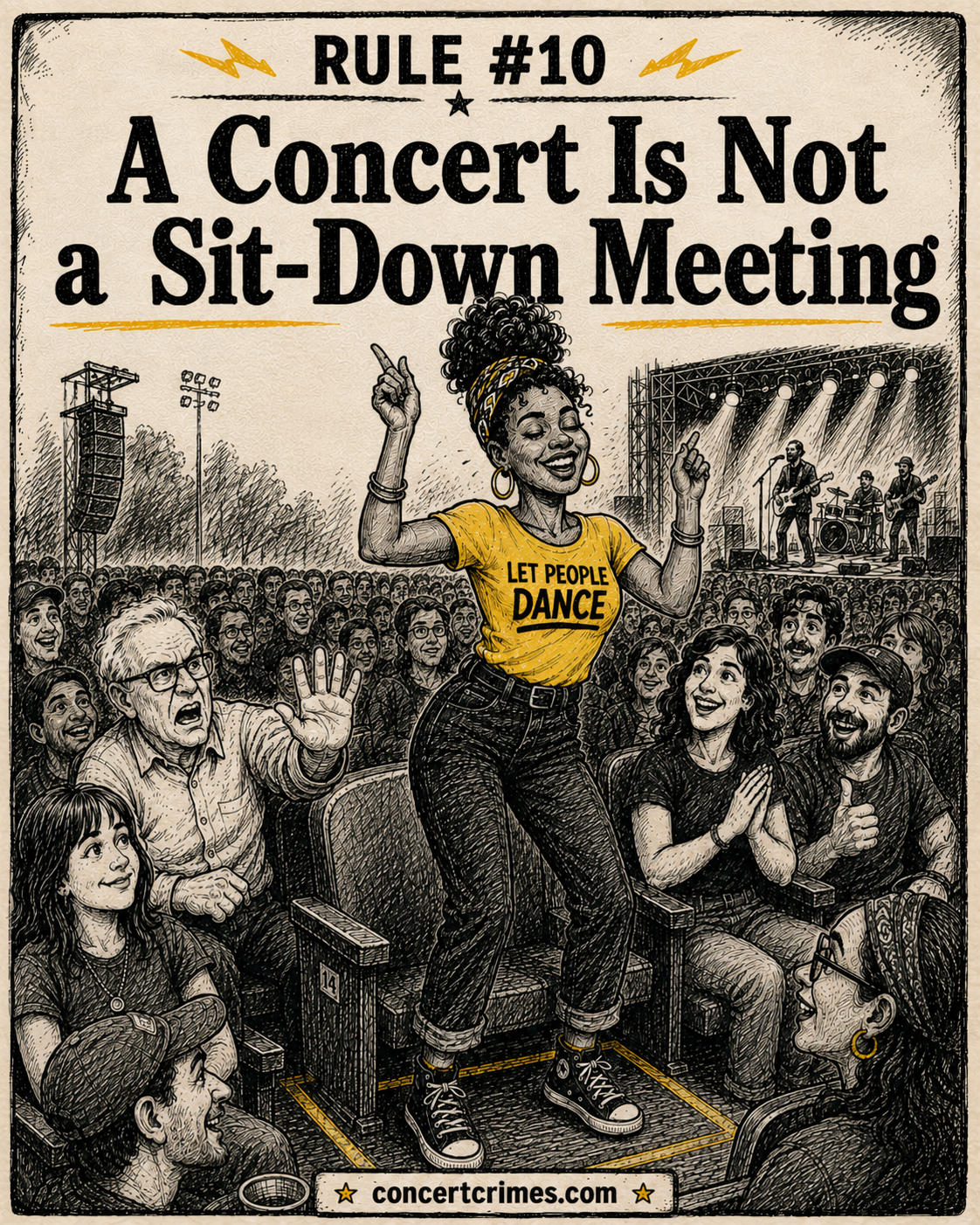 A joyful concertgoer stands and dances within their seat space while a nearby seated fan mistakes the concert for a meeting.