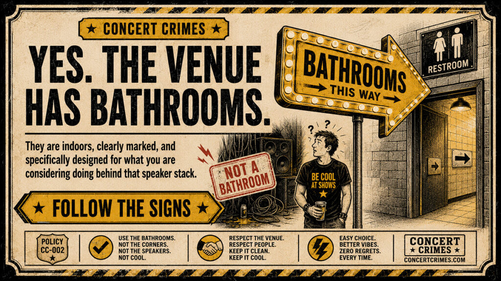 Concert Crimes venue bathroom finder house ad